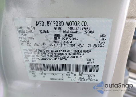 2008 Ford Escape Xls/Xls Manual from USA, damaged, VIN 1FMCU02Z68KD32078
